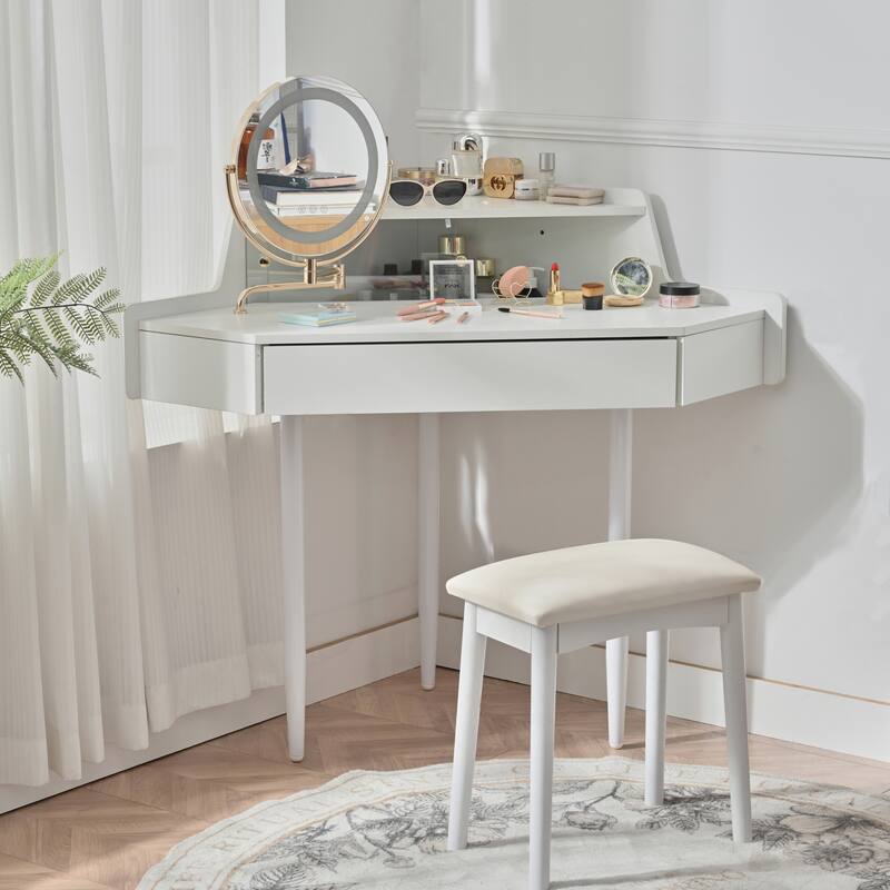 Bedroom Corner Makeup Vanity Desk with Makeup Stool & 360° Rotating LED Mirror, White