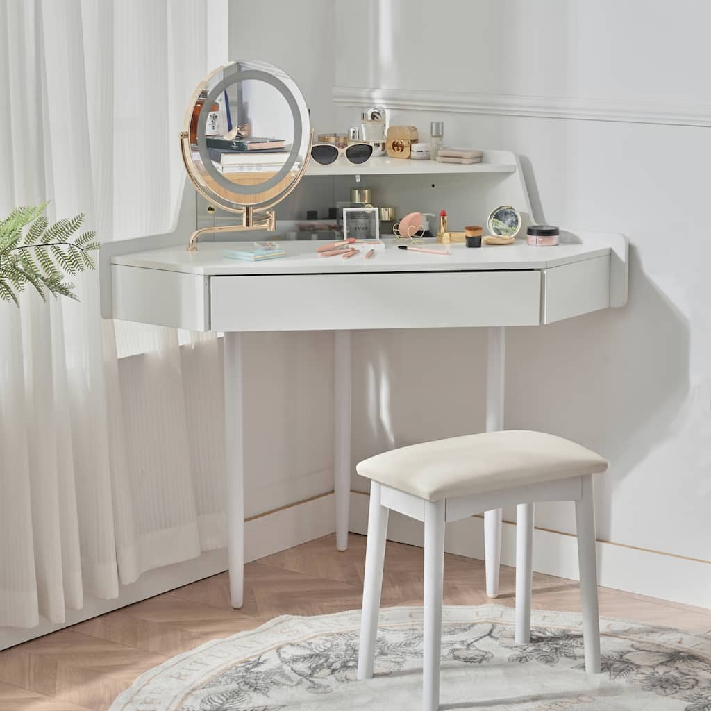 Modern Corner Makeup Vanity Desk with Large Storage, LED Mirror & Stool, Brightness Adjustable, Space-Saving for Small Places