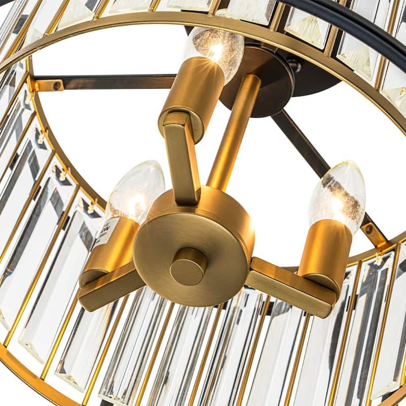 3-Light Crystal Black and Brass Drum Semi-flush Ceiling Light - 14.0in