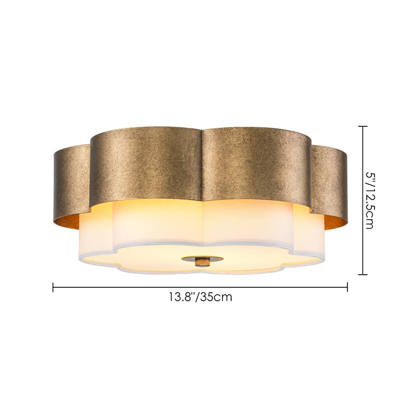 13.8" W Mid-Century Modern Tiered Flower/Circluar Drum Ceiling Light in Distressed Stain Gold with White Fabric Shade