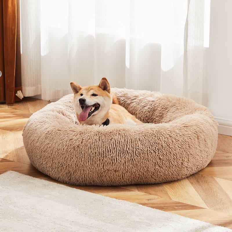 30-Inch Round Dog Bed, Washable Removable Cover, Anti-Slip Bottom, Supportive Foam Mat for Indoors - M - Brown