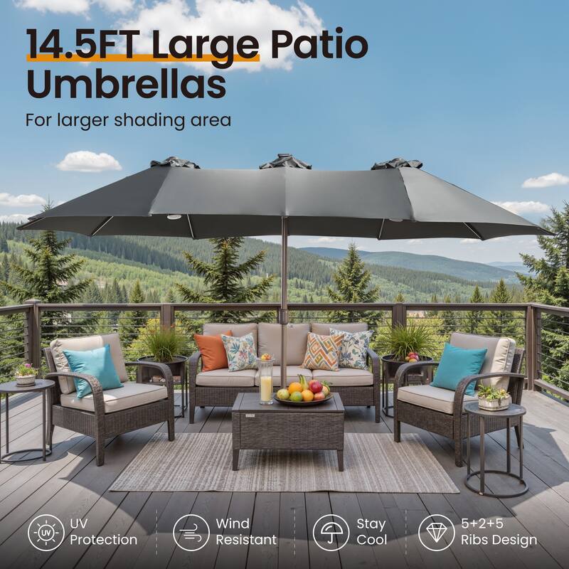 ​OVIOS 15ft Double Side Patio Outdoor Umbrella with Crank & LED Light