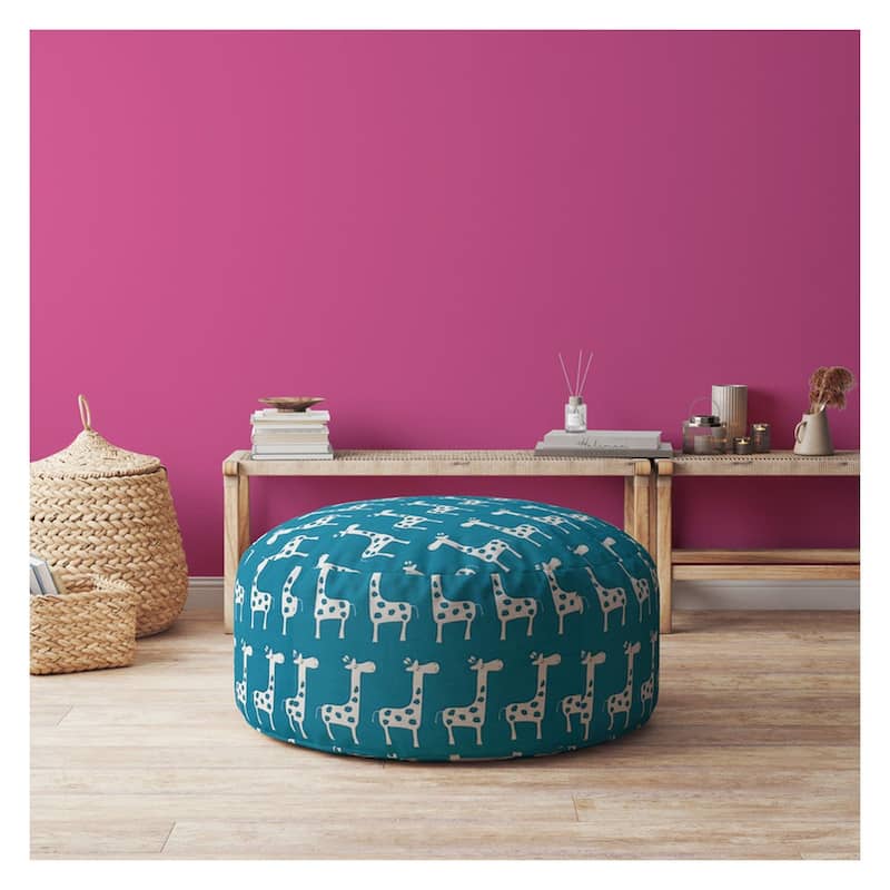 HomeRoots 24" Blue and White Cotton Round Giraffe Pouf Ottoman