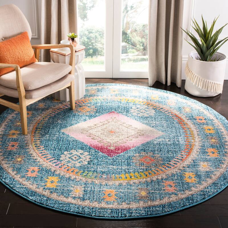 SAFAVIEH Madison Roseann Vintage Boho Diamond Medallion Rug - 6'7" Round - Blue/Fuchsia
