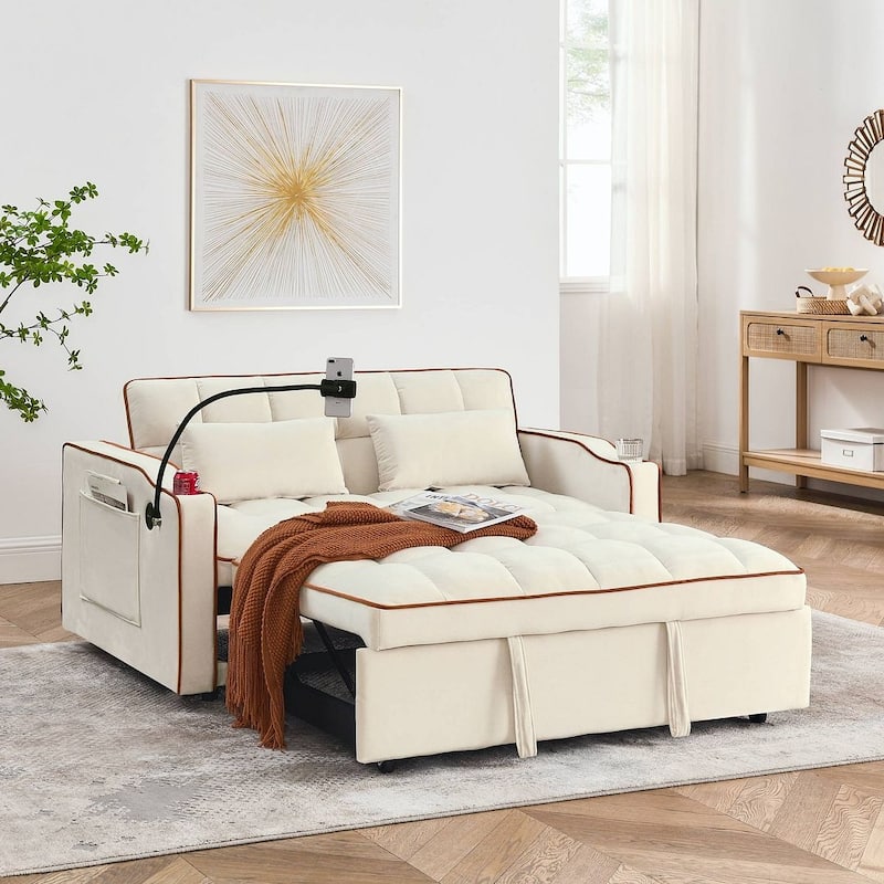 55.51'' Modern Versatile Foldable Sofa Bed With Adjustable Back and USB Port and Ashtray and Swivel Phone Stand