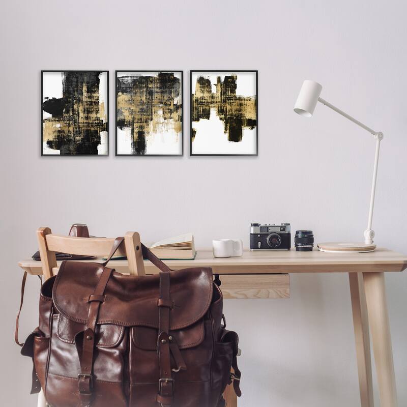 Stupell Bold Black Brushstrokes Golden Distressed Accent, 3pc Multi Piece Framed Wall Art Set