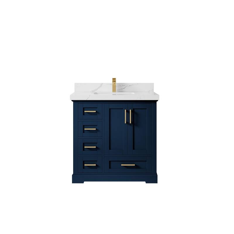 Willow Collections 36 x 22 Boston Center Sink Right Bathroom Vanity with Countertop - 2"Calacatta Laza - Navy Blue