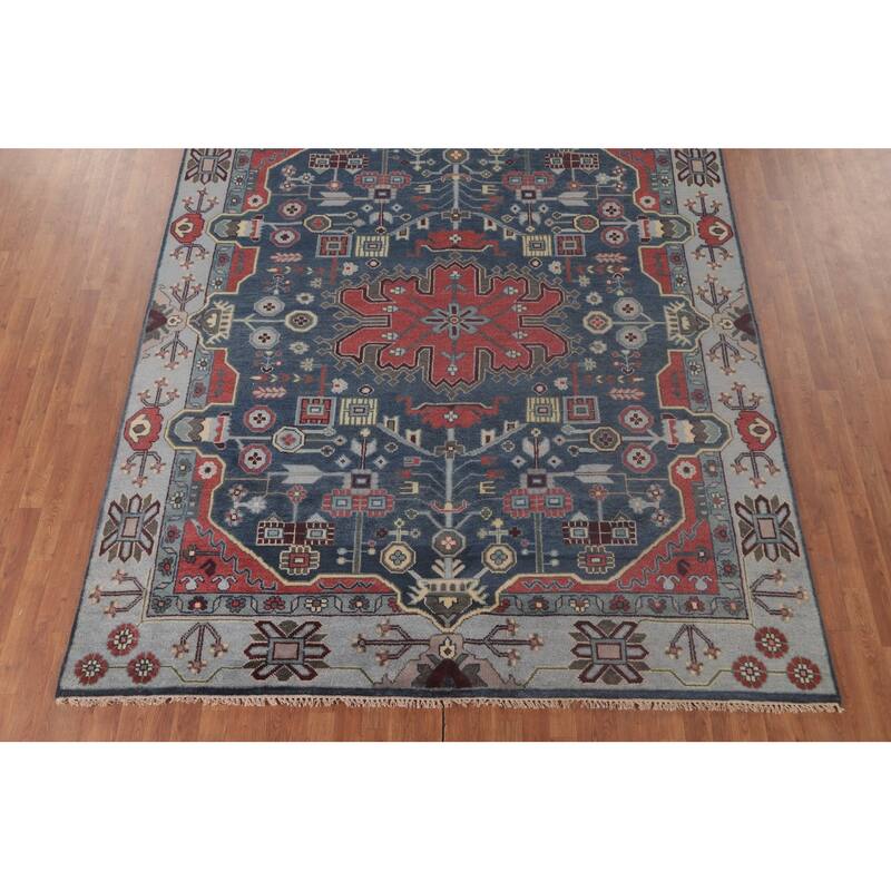 Blue Kazak Indian Area Rug Hand-Knotted Geometric Wool Carpet - 8'1" x 9'9"