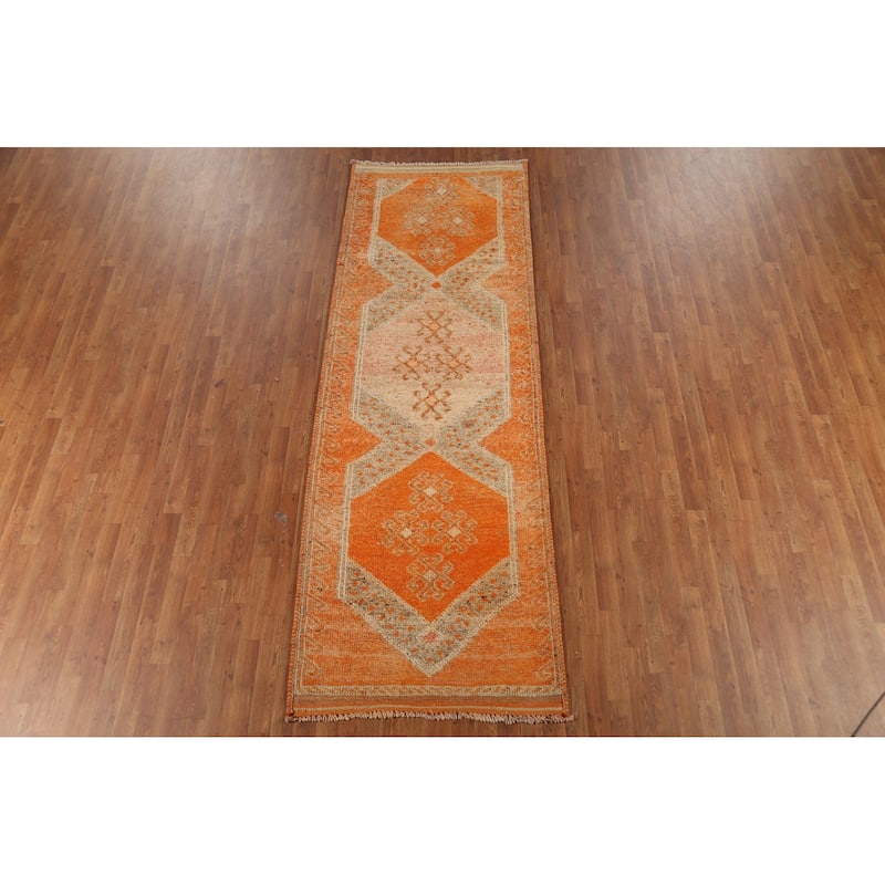 Orange Oushak Vintage Runner Rug Handmade Oriental Wool Carpet - 3'6"x 10'4"