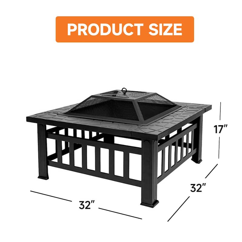 32" Square Fire Pit Table with Screen Lid, Poker, Cover. Outdoor Wood Burning Firepit for Patio & Backyard
