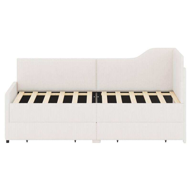 L-Shaped Twin Daybed with Storage Drawers, Corduroy Upholstery, Beige