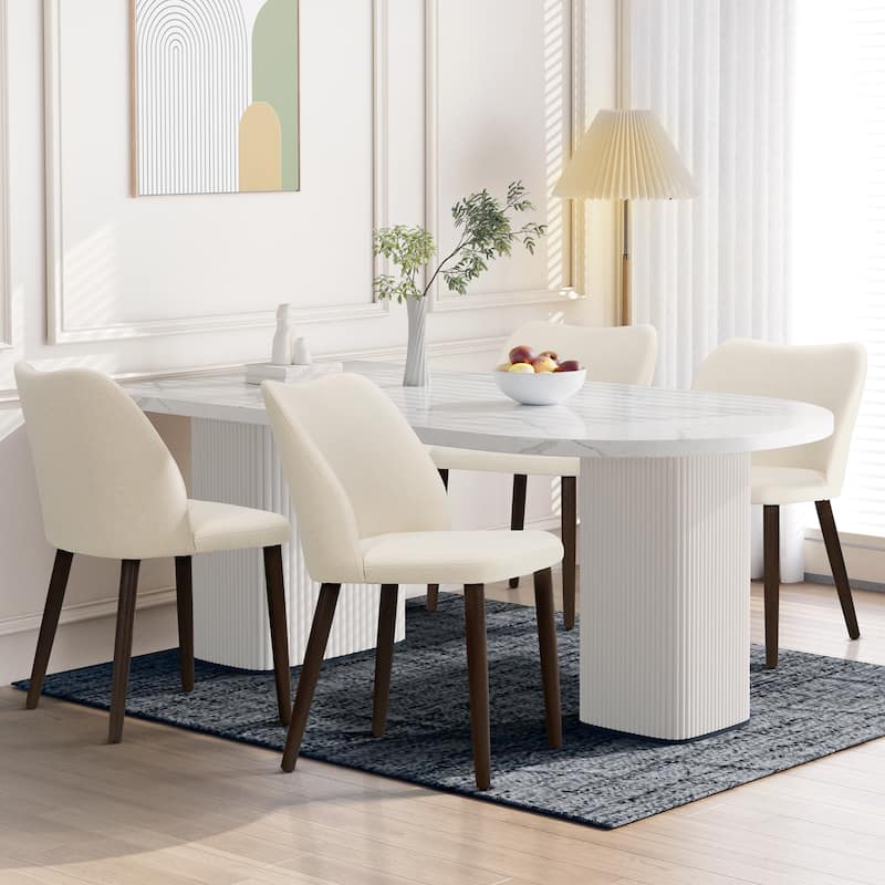 Set of 2 Wooden Dining Chairs, Beige Upholstered Fabric for Kitchen & Dining Room - Beige