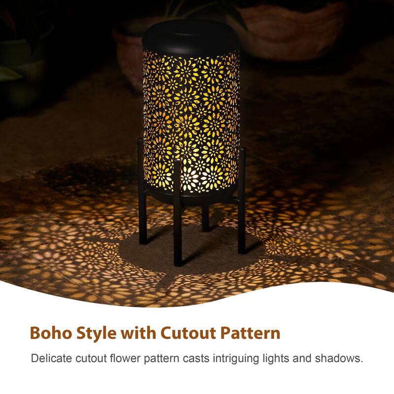 Glitzhome 14"H Outdoor Metal Cutout Flower/Leaves Solar Light Standing Lanterns Waterproof