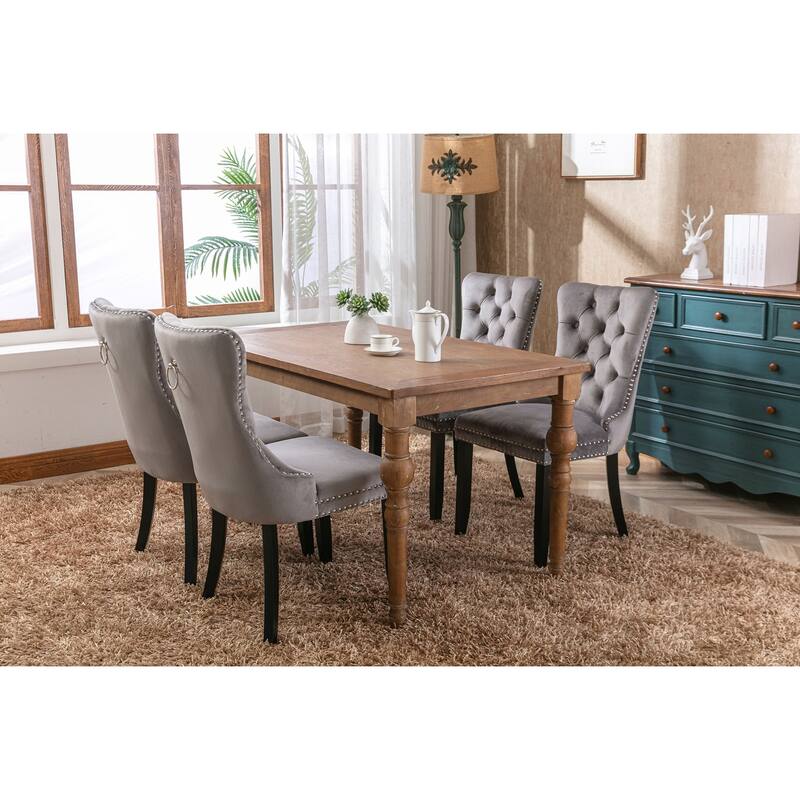 Set of 2 Velvet Upholstered Dining Chairs with Nailhead Trim and Wooden Legs