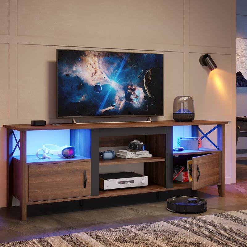 Farmhouse TV Stand for 70 Inch TV with LED Light,63" Tv Console Cabinet with Media Storage