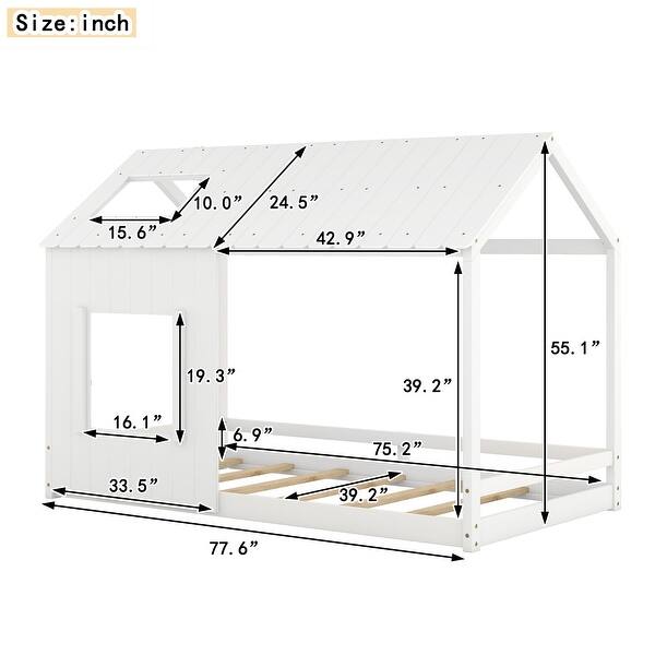 dimension image slide 0 of 4, Rustic Twin House Bed with Skylight & Guardrails - Sturdy Wooden Support