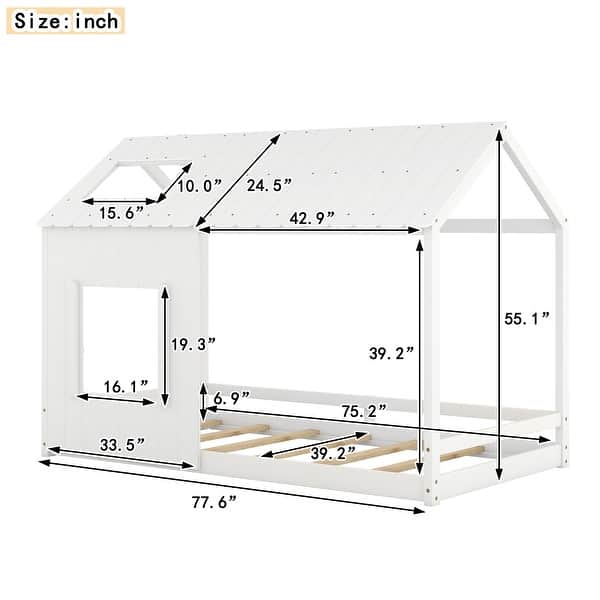 Twin Size House Bed with Roof and Window, Open Concept Design, White