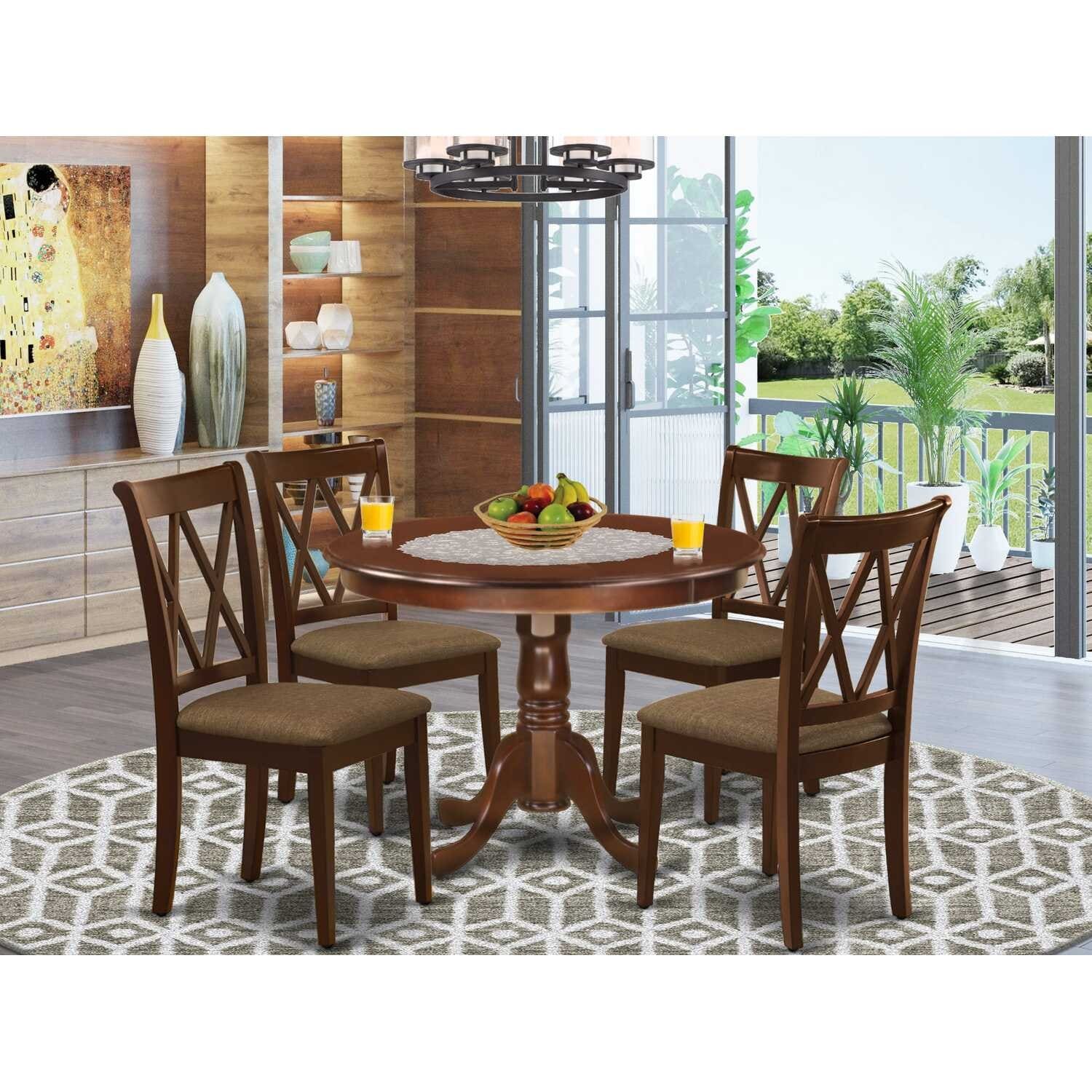 HomeStock 5-Piece Round Mahogany Finish Solid Wood Top Dining table with 4-Chairs with Cross Back