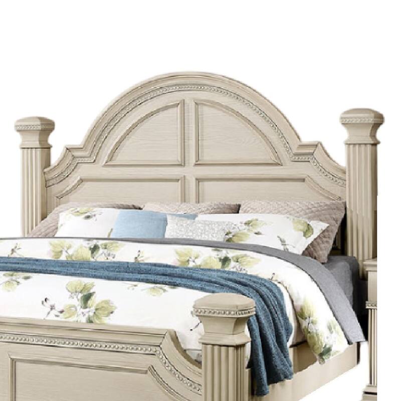 Akia King Bed, Antique White Solid Wood, Reeded Posts, Molded Trim