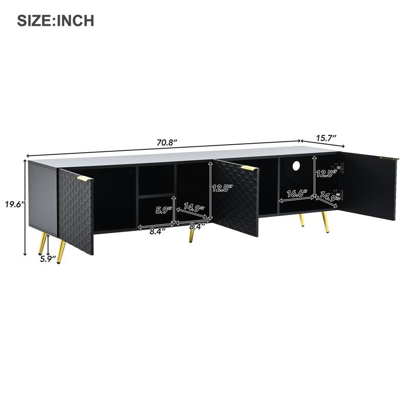 71" Minimalist TV Cabinet with Geometric Honeycomb Pattern - Gold Accents, Cable Management, Storage