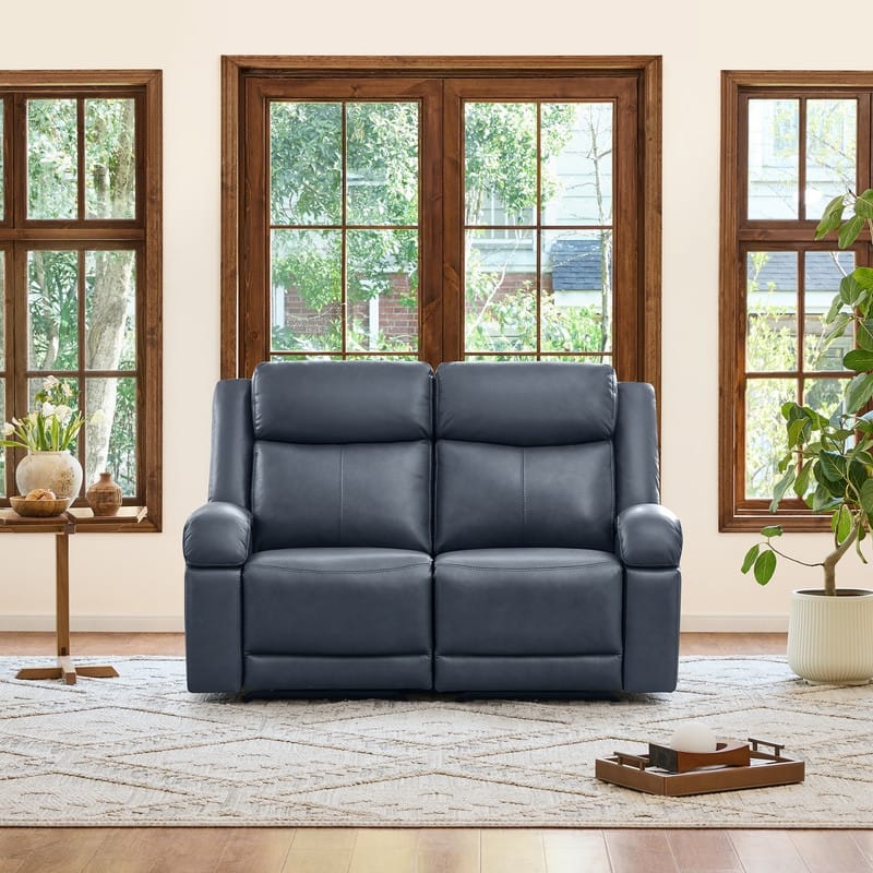 Spruce & Spring Hadlee Genuine leather Reclining Sofa with Multi-Function Console. - 2PC - Navy