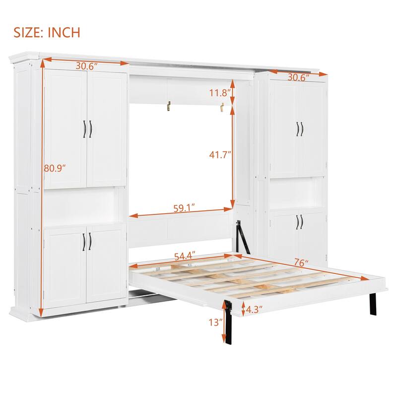 Queen Murphy Bed with Sliding Storage Cabinets & Shelves - Large Capacity Wall Bed System