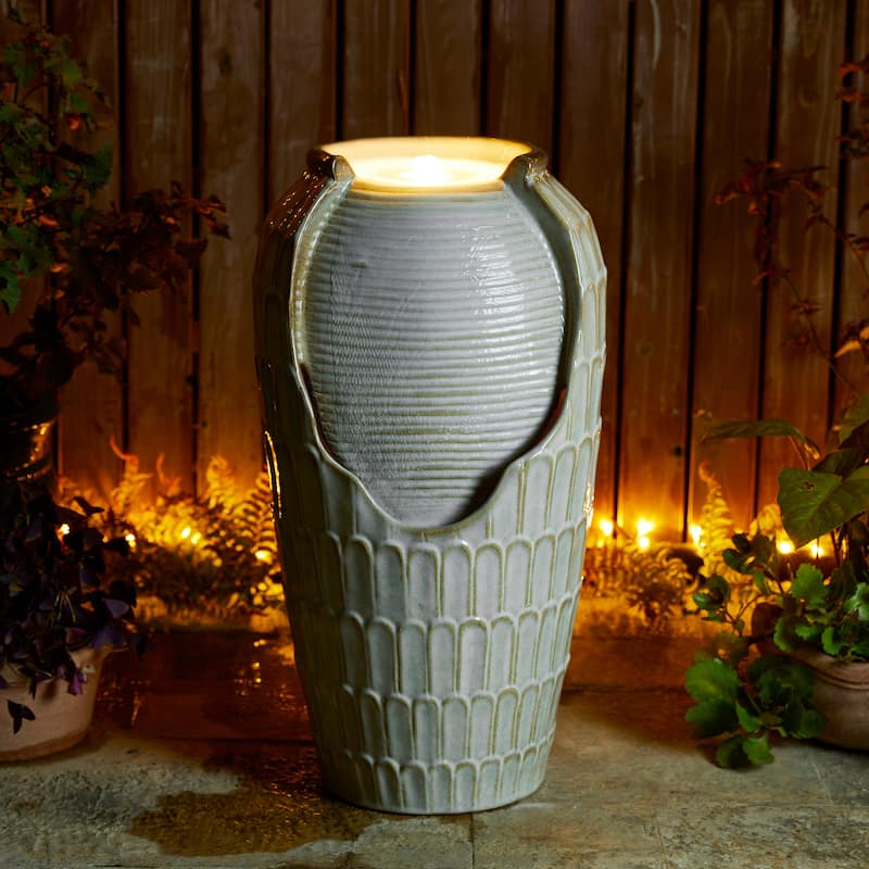 Glitzhome Oversized LED Lighted Ceramic Pot Floor Fountains for Outdoor Garden