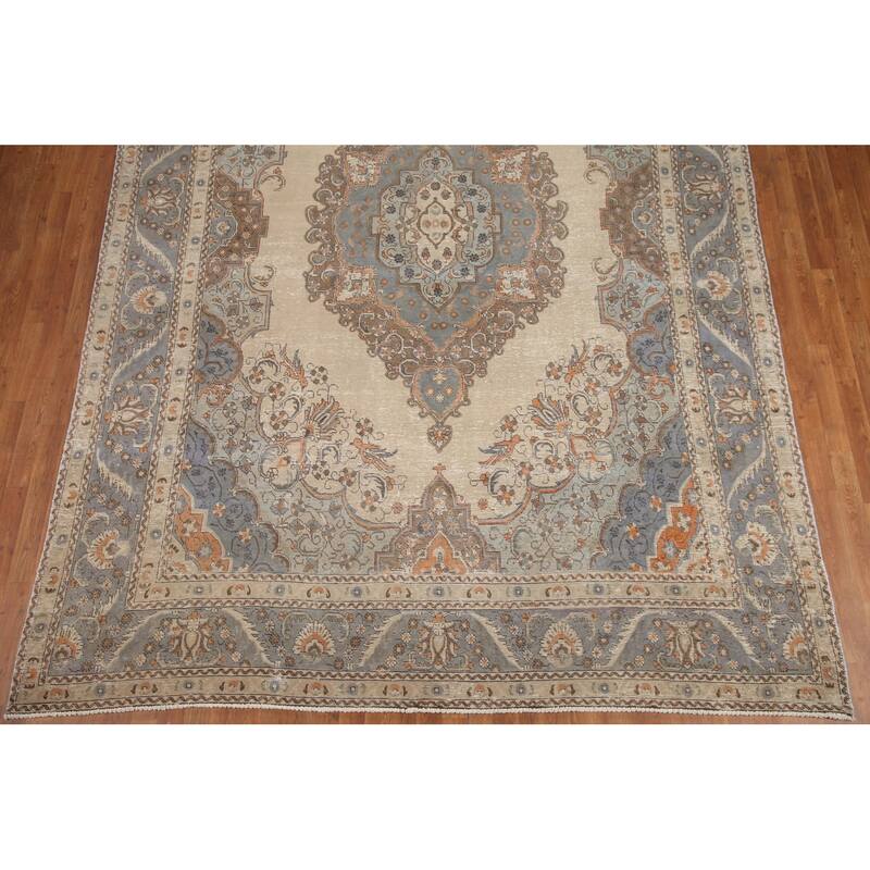 Hand Knotted Oriental 100% Wool Carpet Traditional Medallion Beige & Ivories Tabriz Area Rug - 12' 10'' X 9' 2''