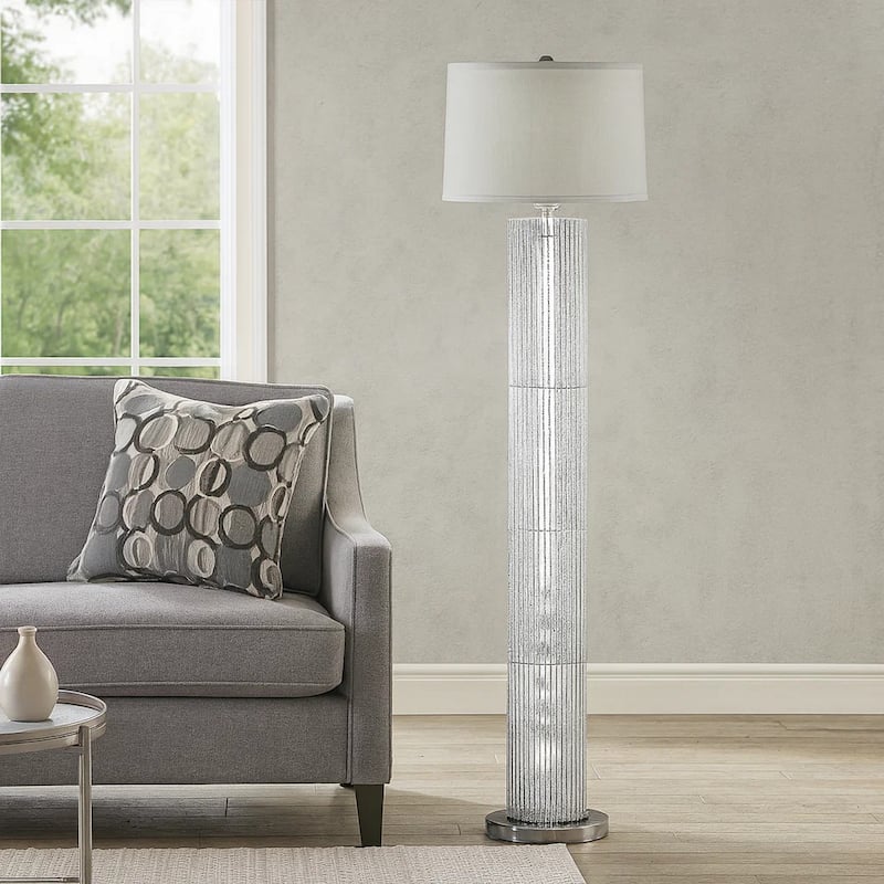 Jin 57 Inch Floor Lamp, Gray Drum Fabric Shade, Modern Round Silver Base
