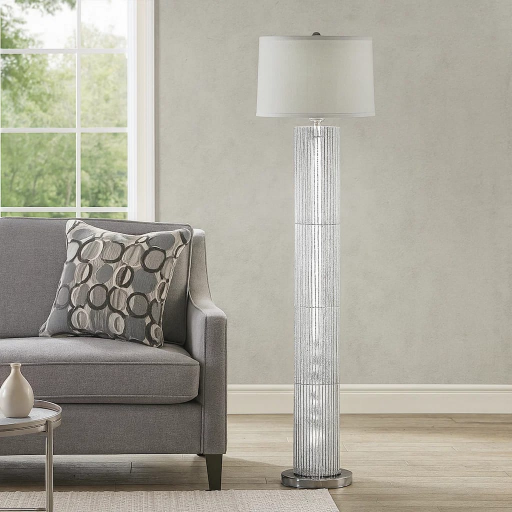 Jin 57 Inch Floor Lamp, Gray Drum Fabric Shade, Modern Round Silver Base