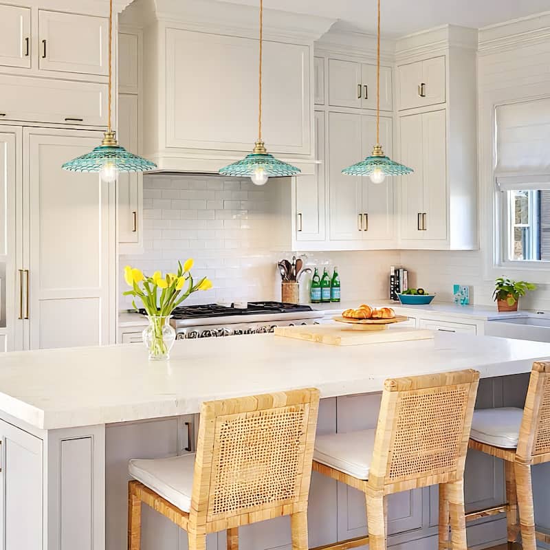 1-Light Vintage Brass & Textured Blue Glass Pendant Light for Kitchen Island, Dining Room - 1 Light