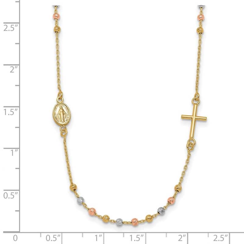 Curata 14k Tri-color Gold Sideways Cross Beaded Rosary Style Necklace, 18"