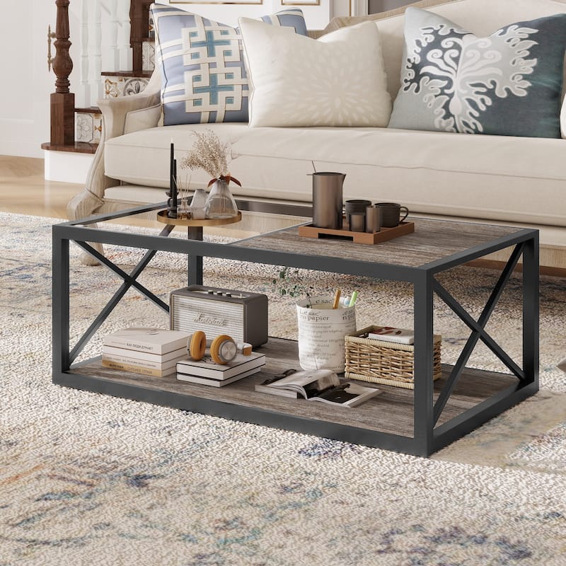 Anmytek Modern Coffee Table Two Tone Top Black Metal Frame Glass Modern Living Room Storage Shelf - Brown