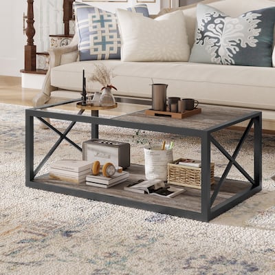 Modern Coffee Table Industrial Style Coffee Table with Tempered Glass Layer and X-Shaped Frame for Living Room