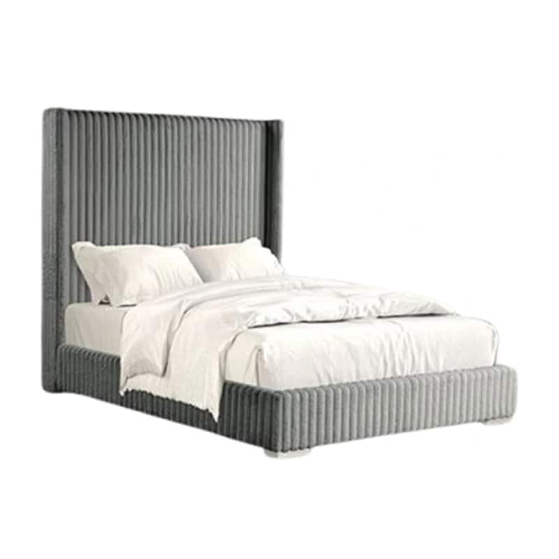 Wolo Queen Bed, Gray Fur Chenille Ribbed Upholstery, Wing Headboard