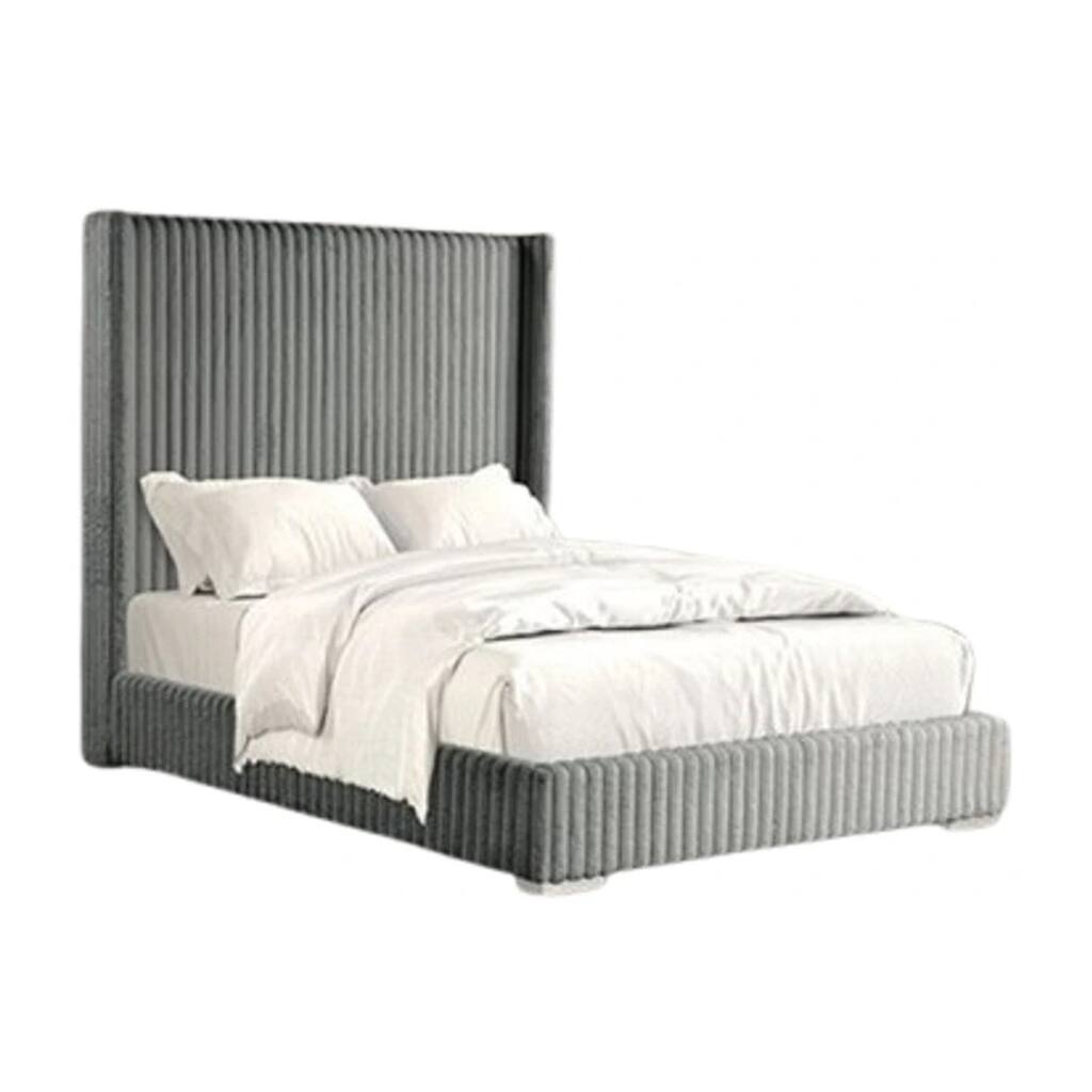 Wolo Queen Bed, Gray Fur Chenille Ribbed Upholstery, Wing Headboard
