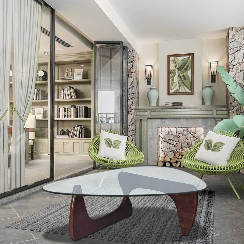 Triangle Glass Coffee Table with Solid Wood Base for Living Room