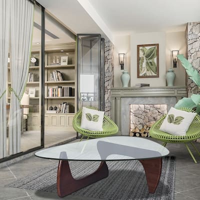 Triangle Glass Coffee Table with Solid Wood Base for Living Room