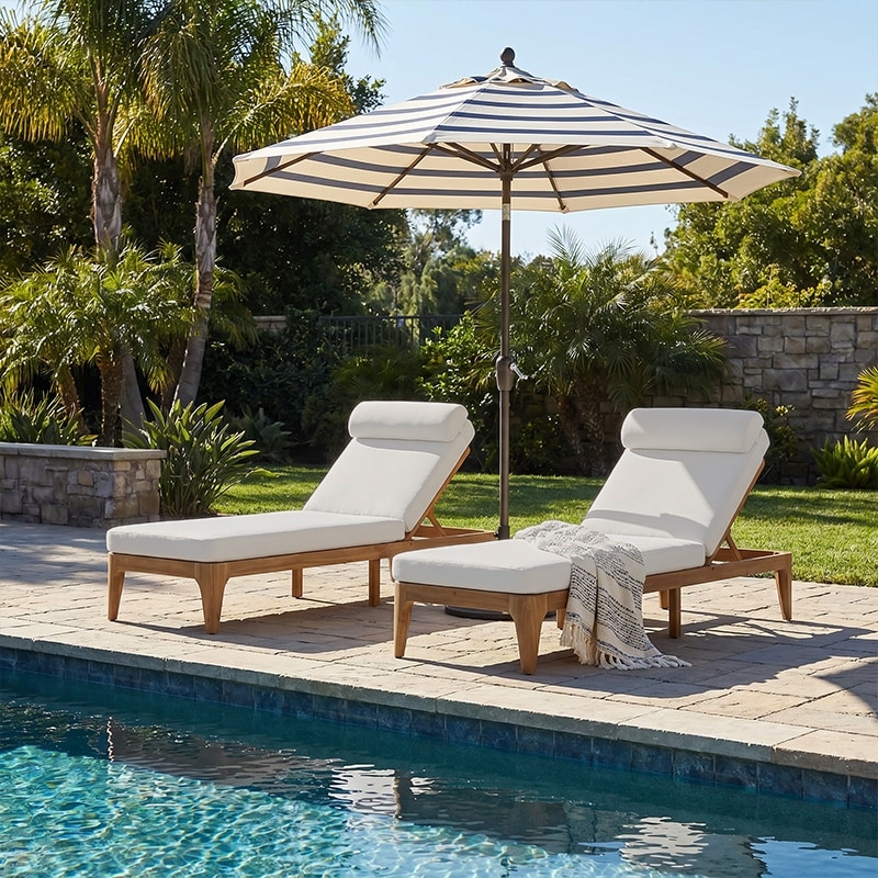 Set of 2 Acacia Wood Chaise Lounges with Adjustable Backrest and Cushions
