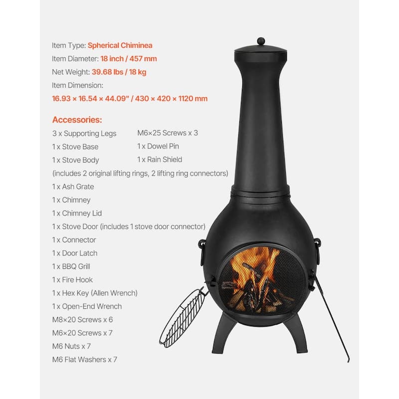 Black Aluminum Spherical Chiminea with BBQ Grill and Rainproof Cover