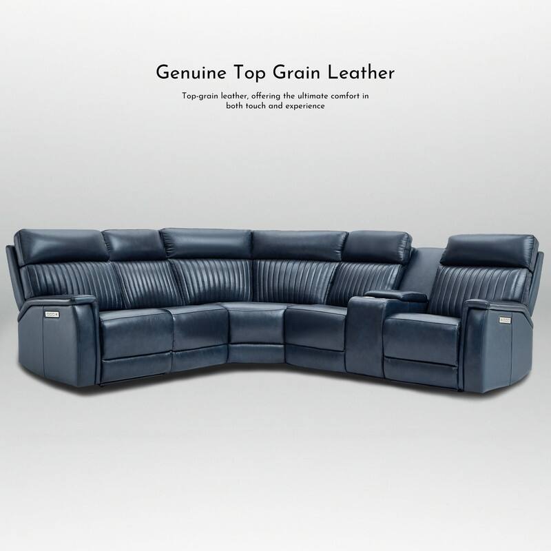 Genuine Leather Power Recliner Sectional Sofa with Console, Ajustable Headrest, USB&USB-C Port