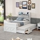 preview thumbnail 1 of 16, Twin Size Wooden Bed with Storage Headboard Featuring Built-In Outlets, Extendable Frame with Pull-Out Twin Trundle White