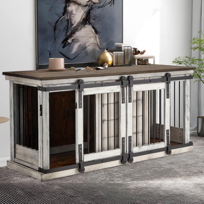 EROMMY Solid Wood Dog Crate Furniture, Indoor Dog Kennel with Sliding Door TV Cabinet, Chic Wooden Dog House, Stylish Dog Cage