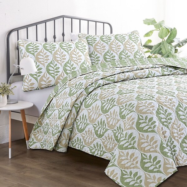 Floral Quilt Bedspread Coverlet Set Green Leaf Reversible Bedding Set Oversized 