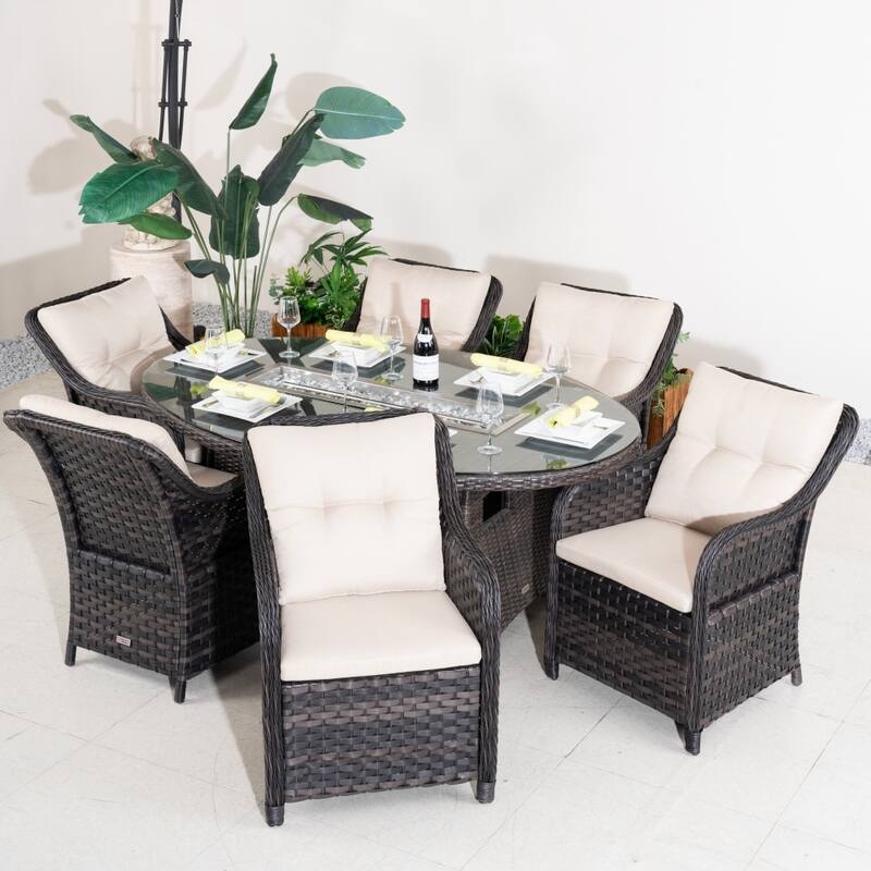 Modern Outdoor Wicker Patio Furniture Set with Oval Fire Pit Table