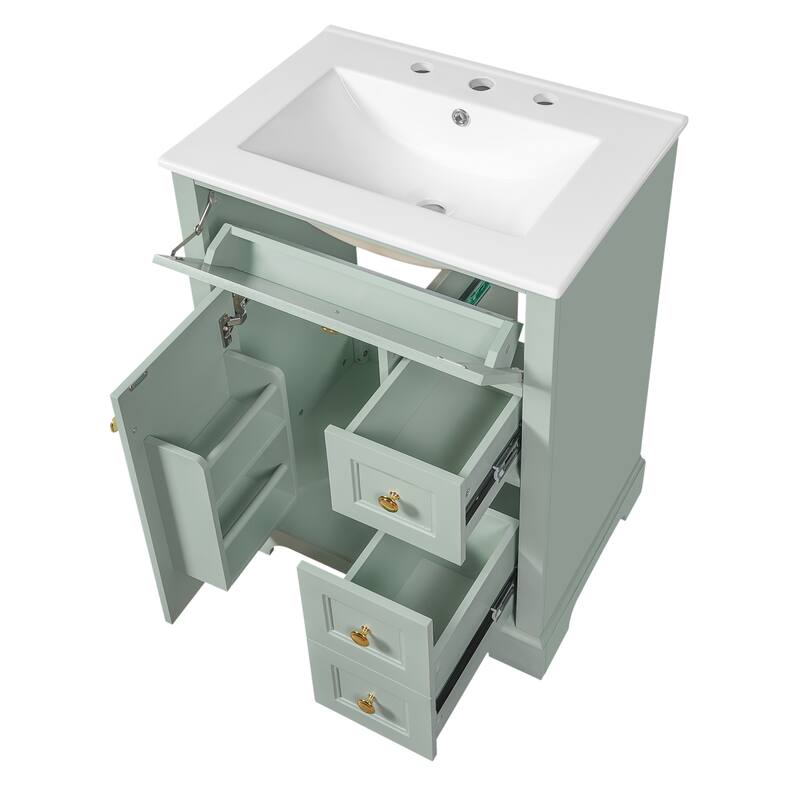 24" Bathroom Vanity with Sink - MDF & Pinewood, 3 Drawers & Cabinet with 2-Tier Door Rack, Soft-Close
