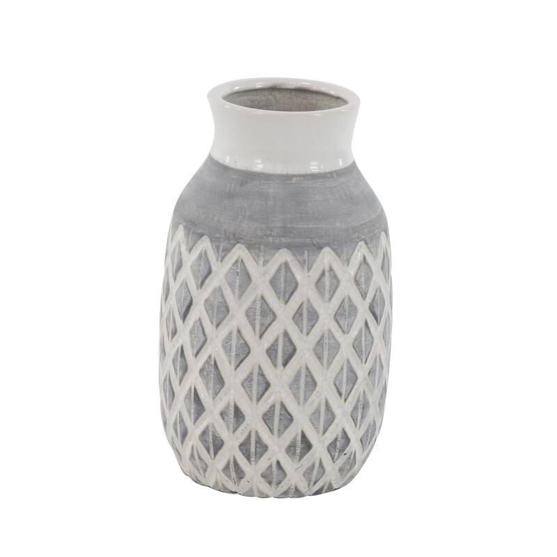 Ceramic Decorative Vase with Diamond Pattern - White - Roche River Decor
