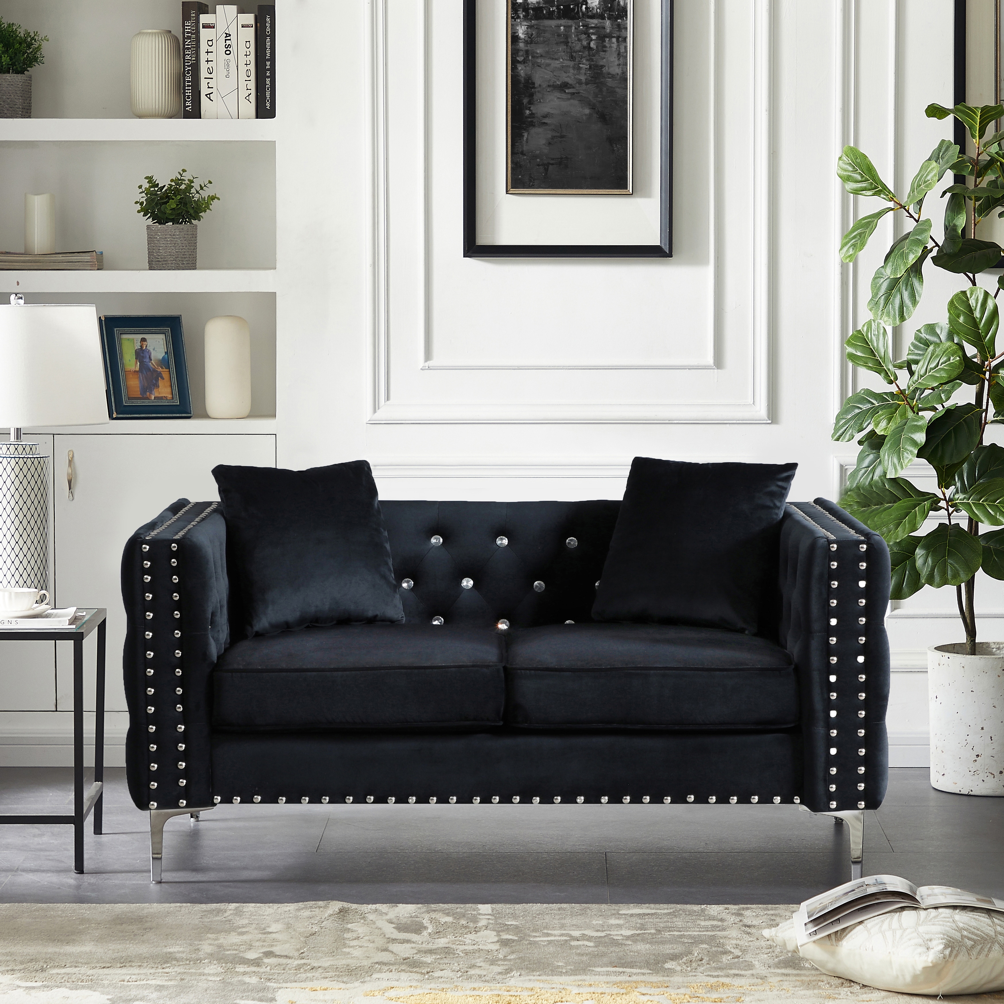 Loveseat Sofa Modern Velvet Padded Sofa Tufted Back Couches 2 Pillows Included Black