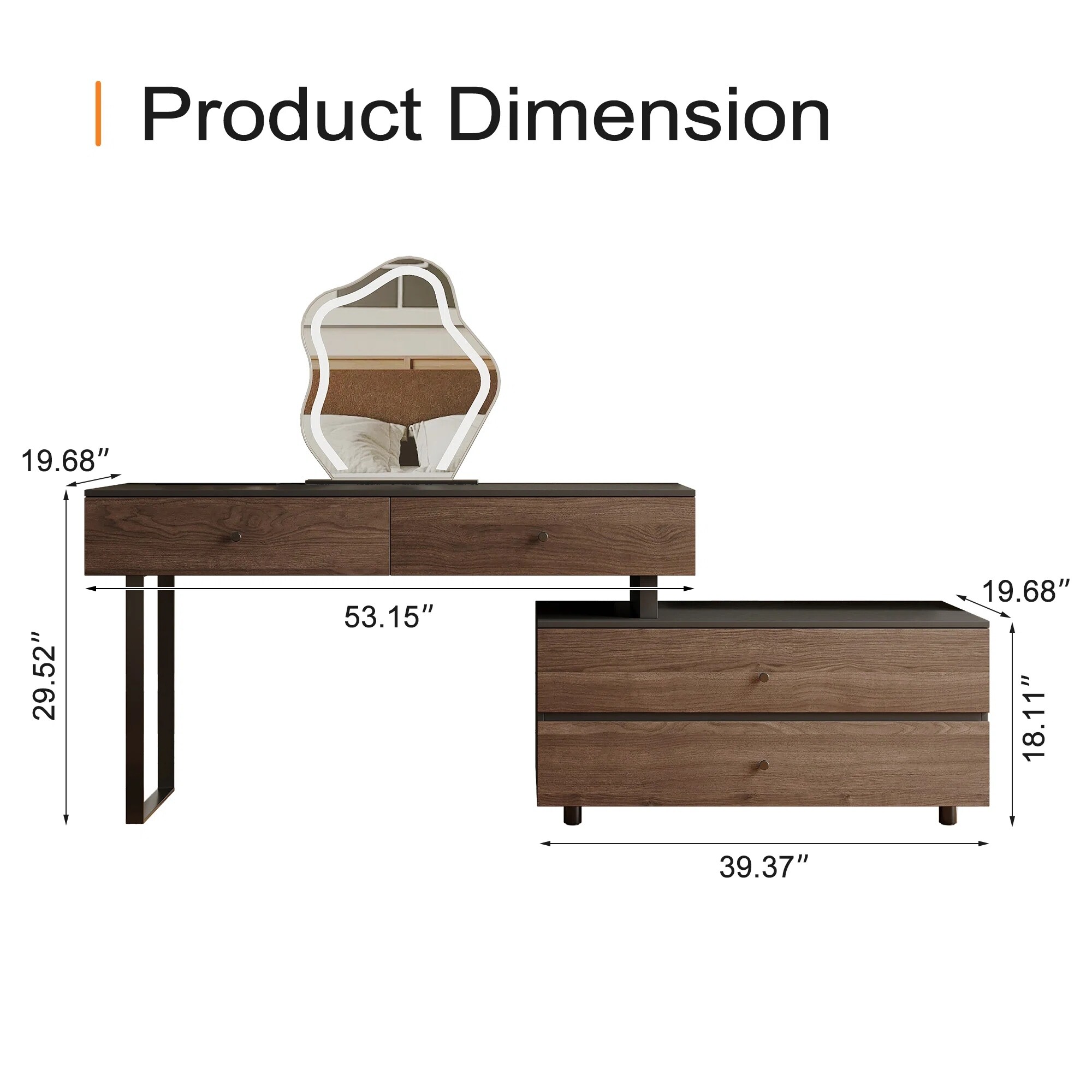 Extendable Makeup Vanity with 4 Drawers Swivelable L-shaped Corner Vanity Desk