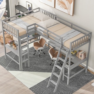 Style and Functional Design Wood Loft Bed with Solid Construction, 2 Built-in L-Shaped Desks, Twin Size, Grey